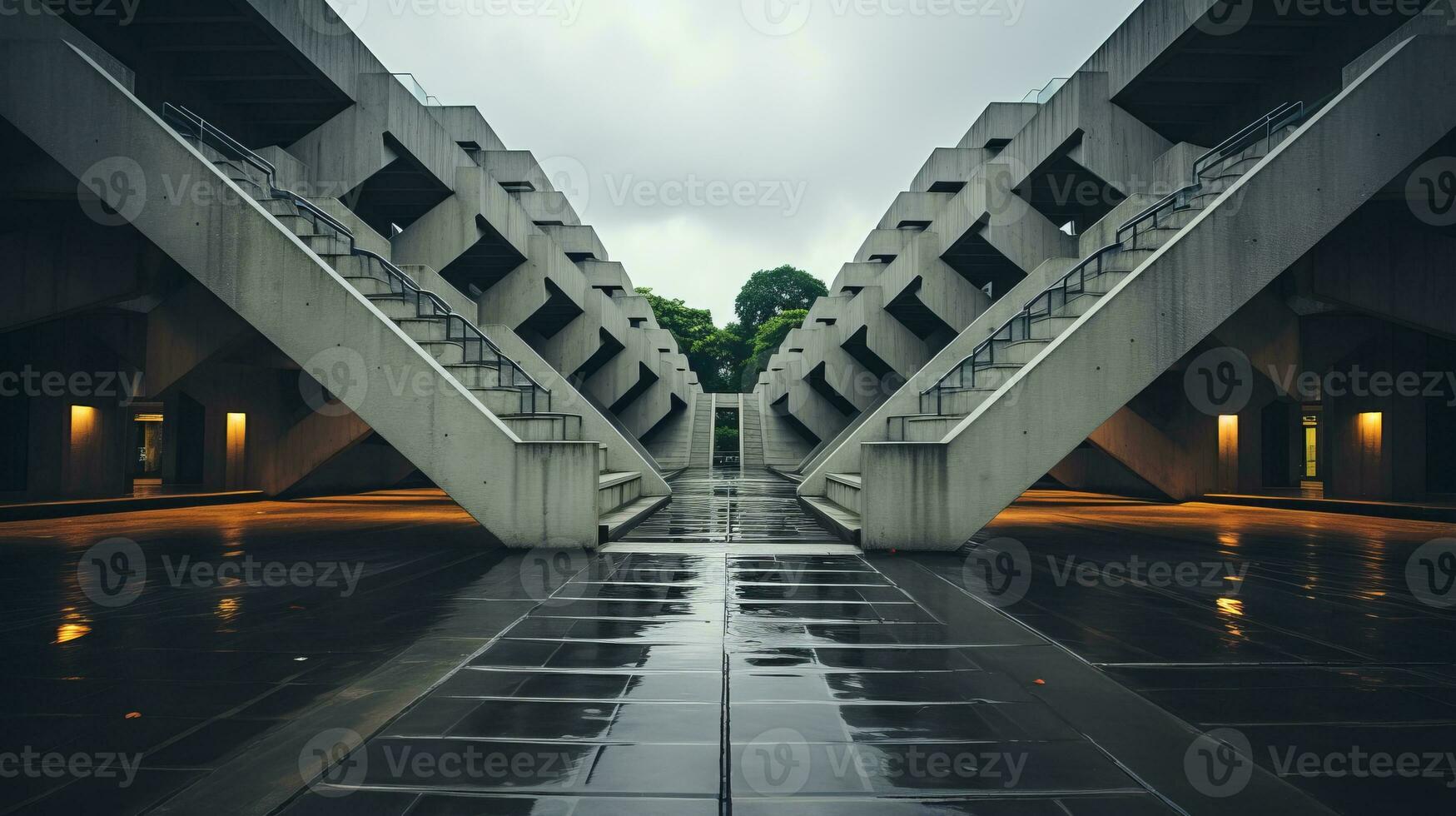 a walkway in a building with concrete steps generative ai photo