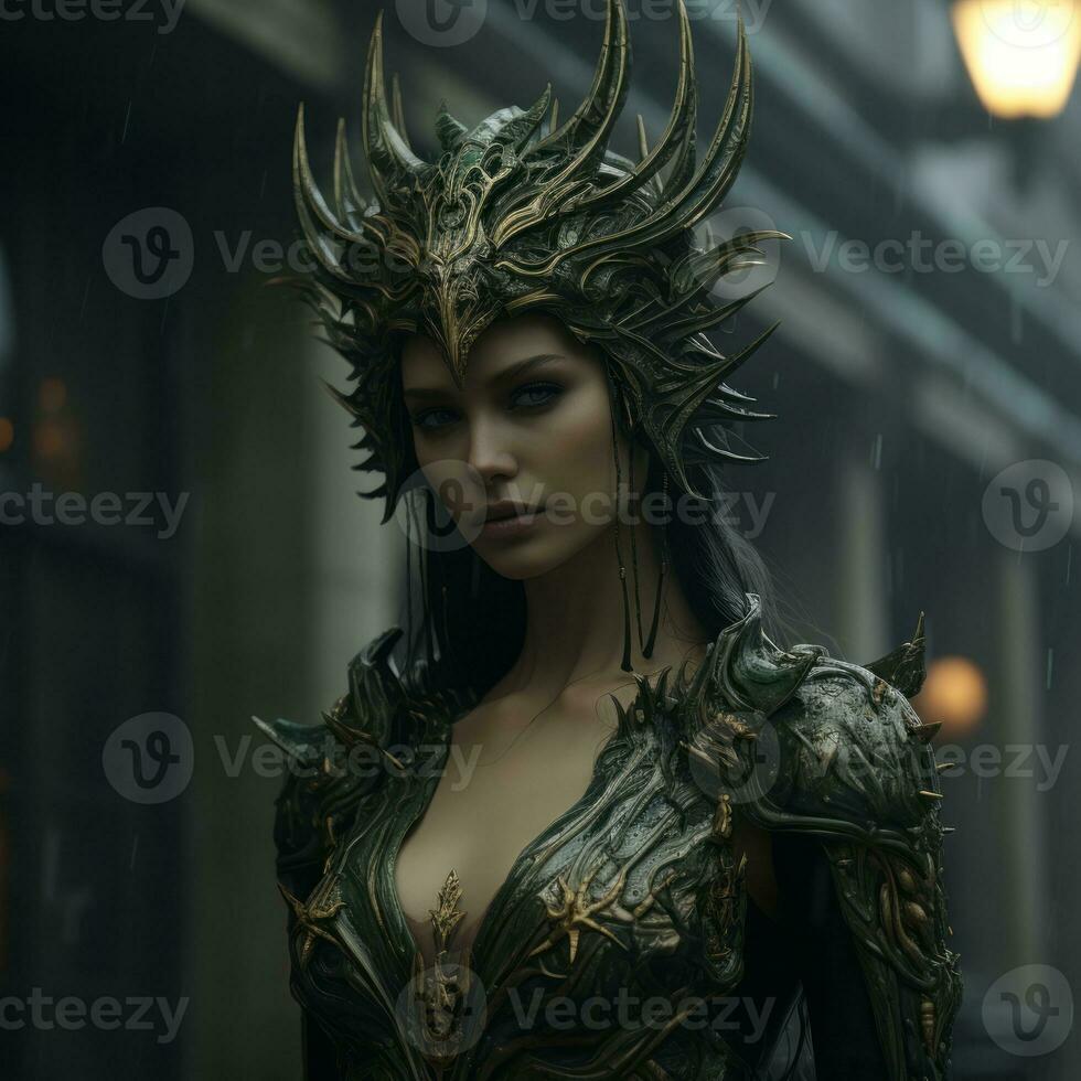 a woman dressed as a mermaid is standing in the rain generative ai photo