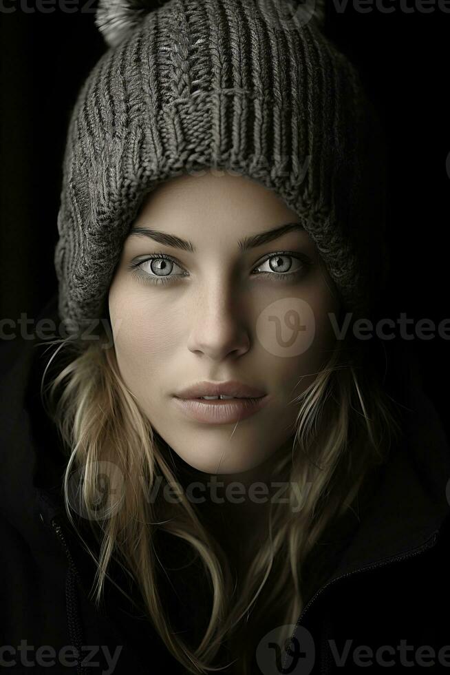 a woman in a beanie and jacket posing for the camera generative ai photo