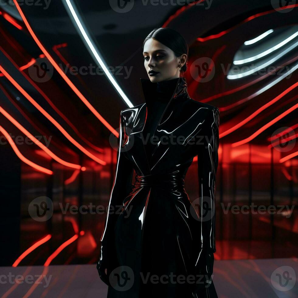 a woman in a black and red dress standing in front of neon lights generative ai photo
