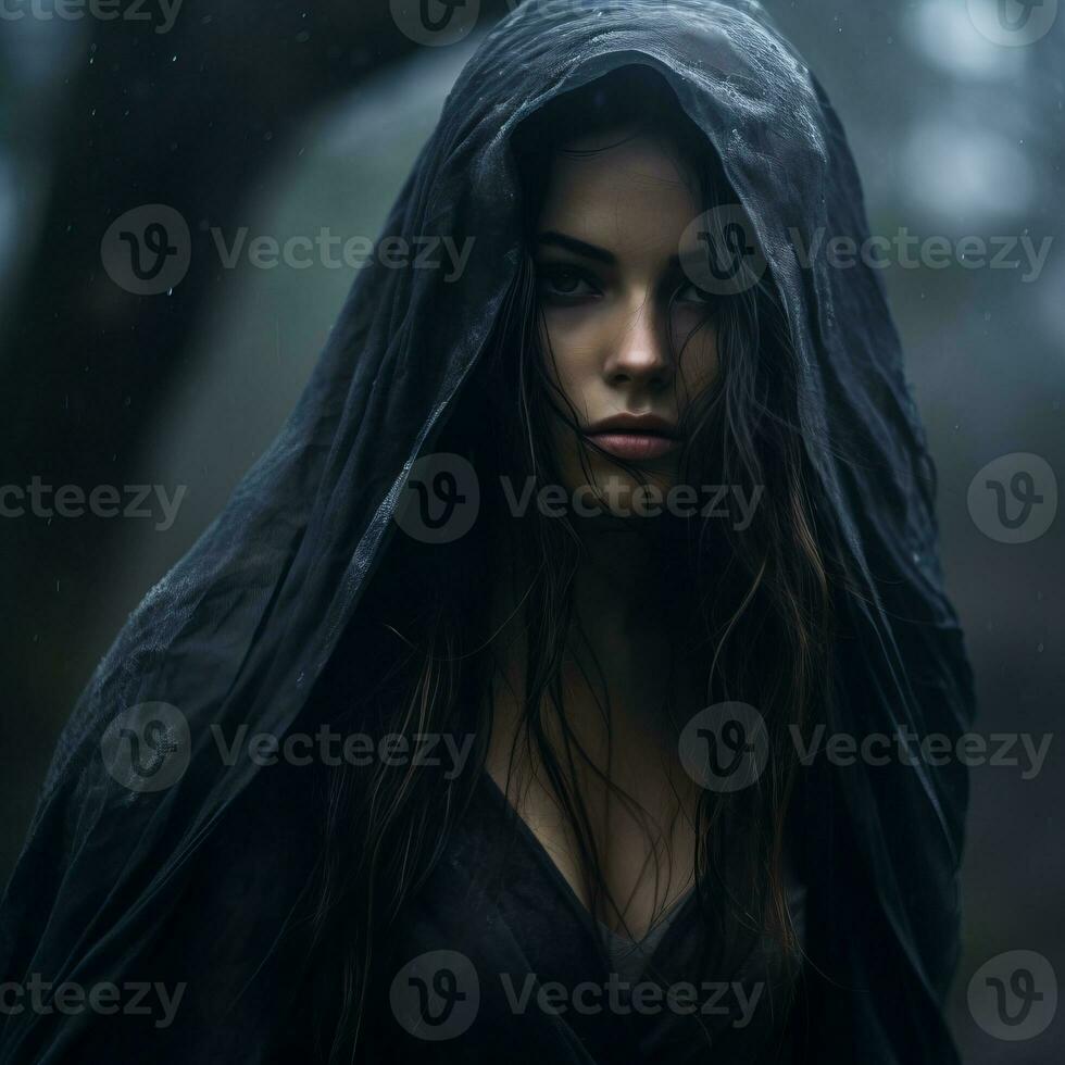 a woman in a black cloak standing in the rain generative ai photo