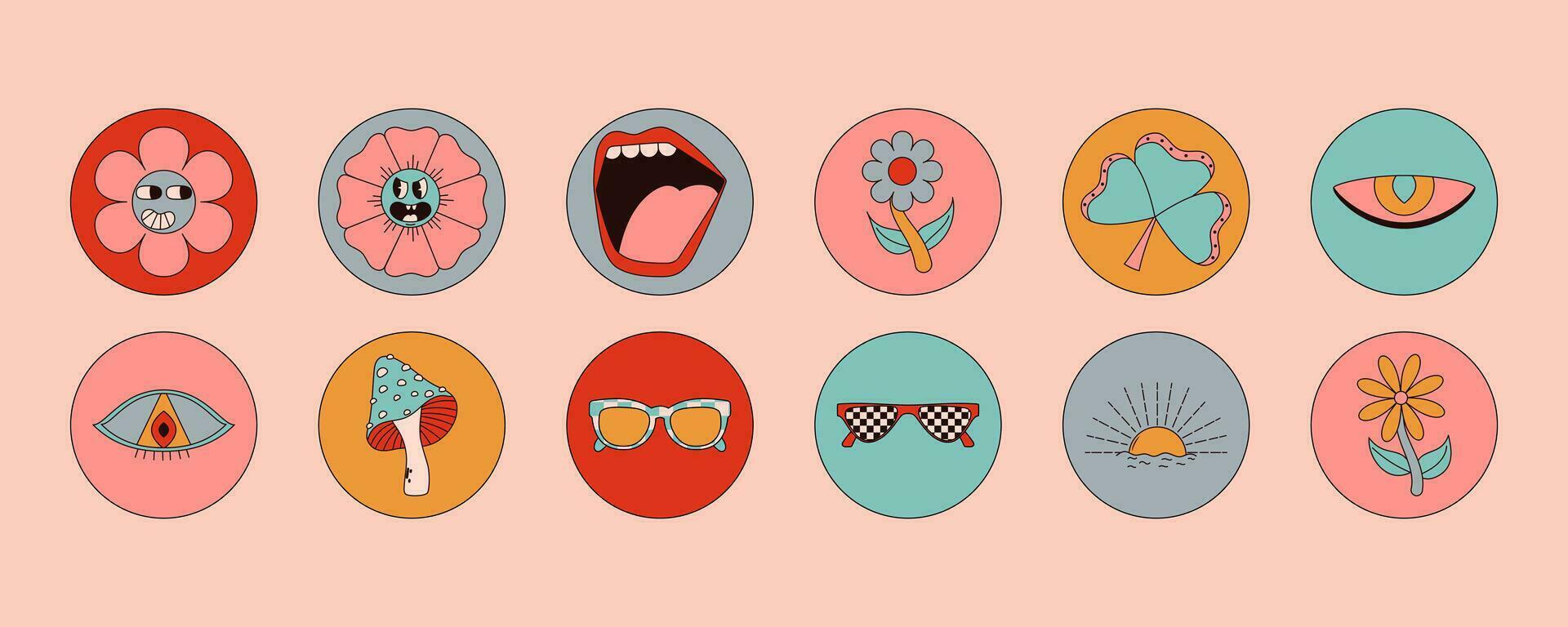 Groovy circle sticker collection with colorful elements. Mushrooms, flower, lips, eyes, sunglasses and more. Retro vector graphics