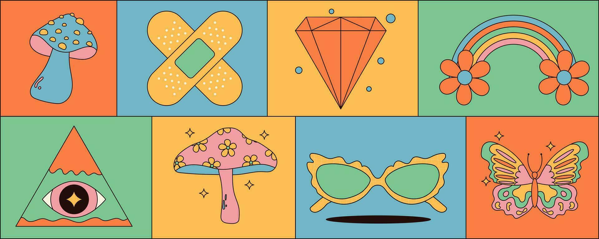 Collection of psychedelic groovy elements. Mushrooms, butterfly, eyes , sunglasses and more. Retro vector illustrations
