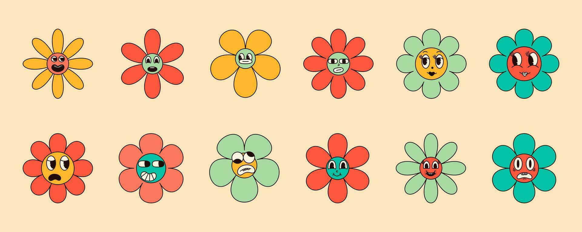 Set of 70s groovy daisy flowers with funny faces in Hippie retro style. Vector illustration