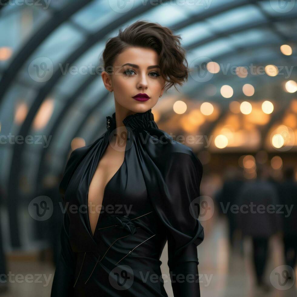 a woman in a black dress posing for the camera generative ai photo