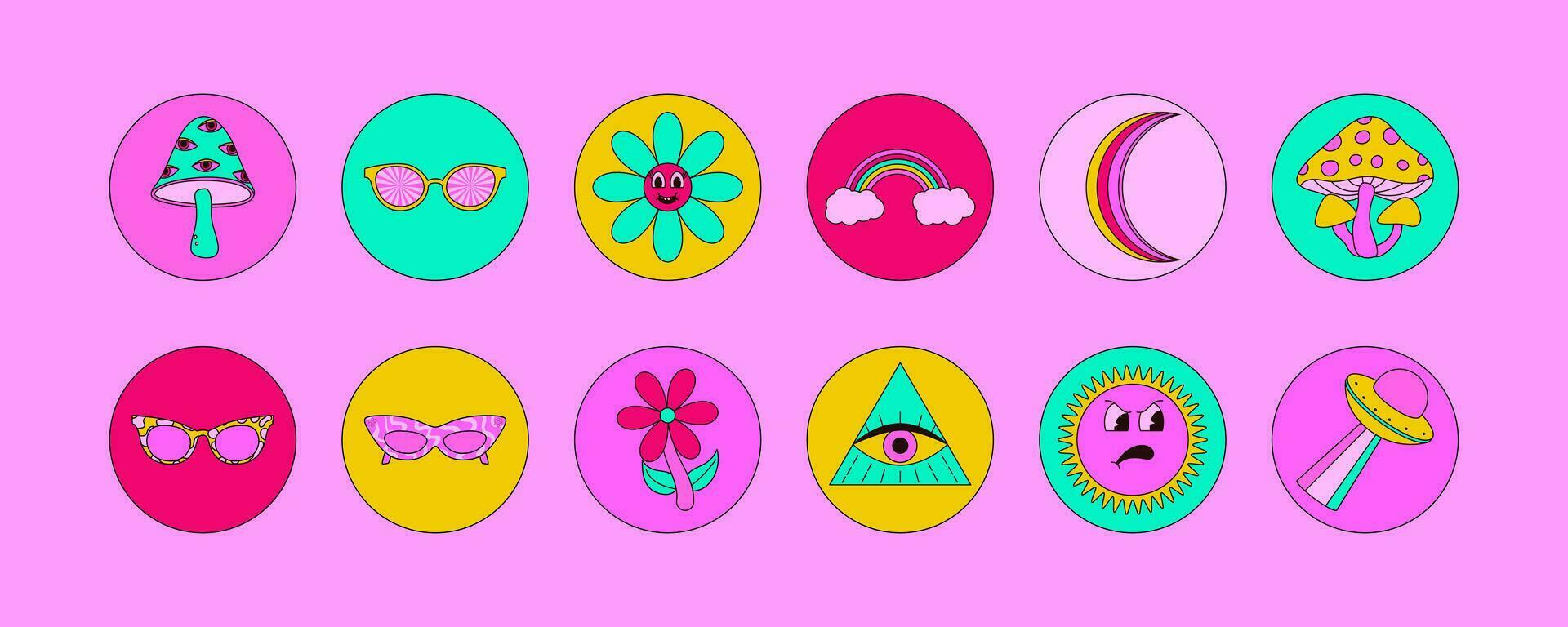 Set of retro groovy stickers with bright colors. Mushrooms, moon, UFO, eyes , sunglasses and more . 70s-inspired vector graphics .