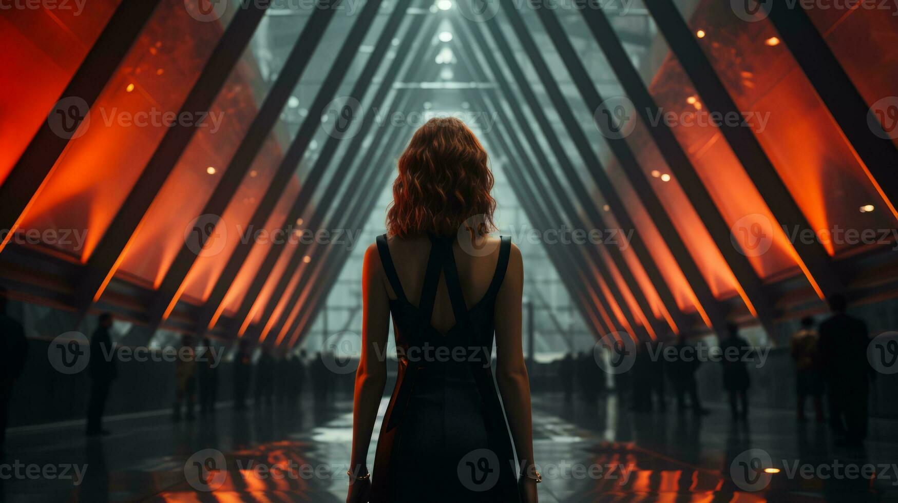 a woman in a black dress standing in an empty hallway with red lights generative ai photo