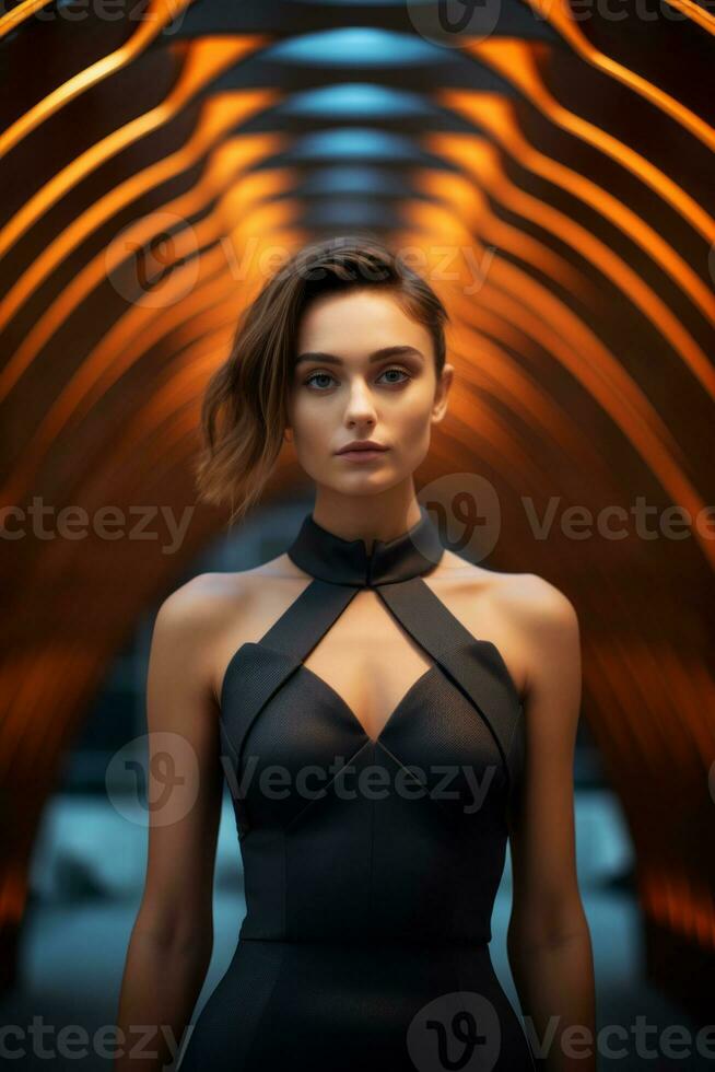 a woman in a black dress standing in a tunnel generative ai photo