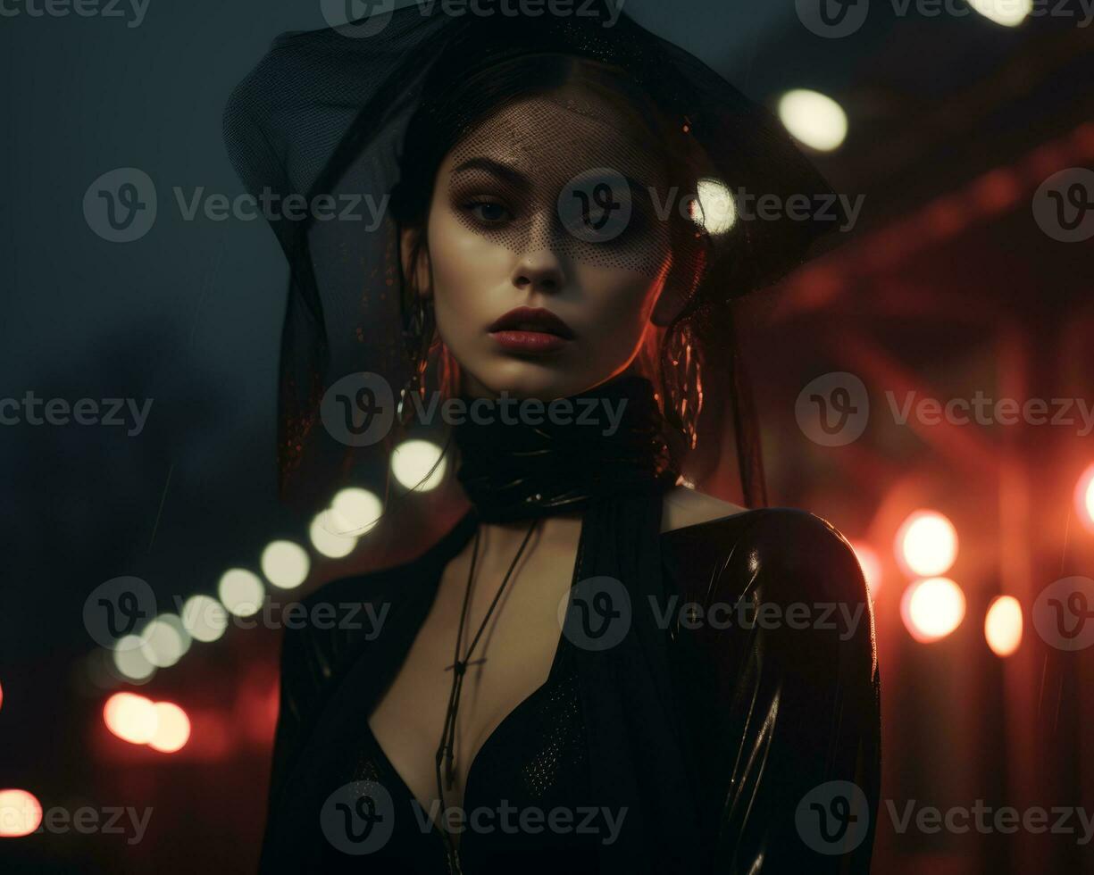 a woman in a black dress standing in front of a red light generative ai photo