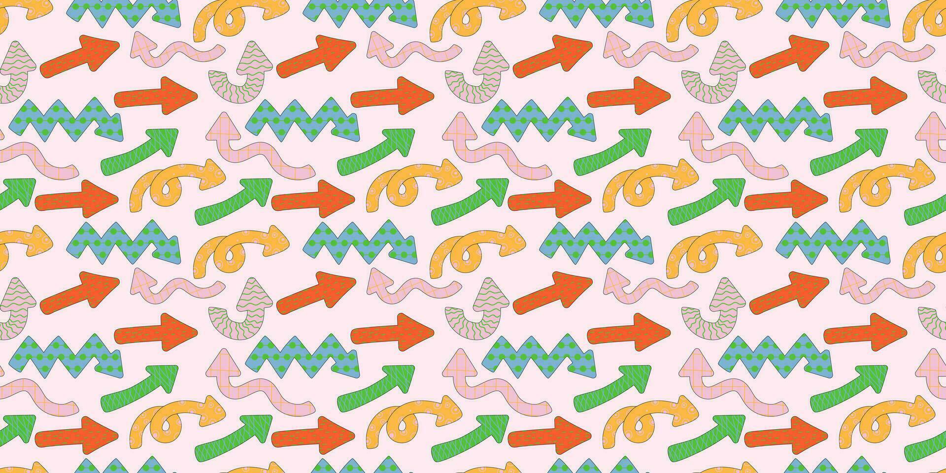 Direction indicators seamless pattern. Naive playful arrow pointers with vector texture in trendy retro style. Y2k aesthetic. Dynamic arrow signs for design