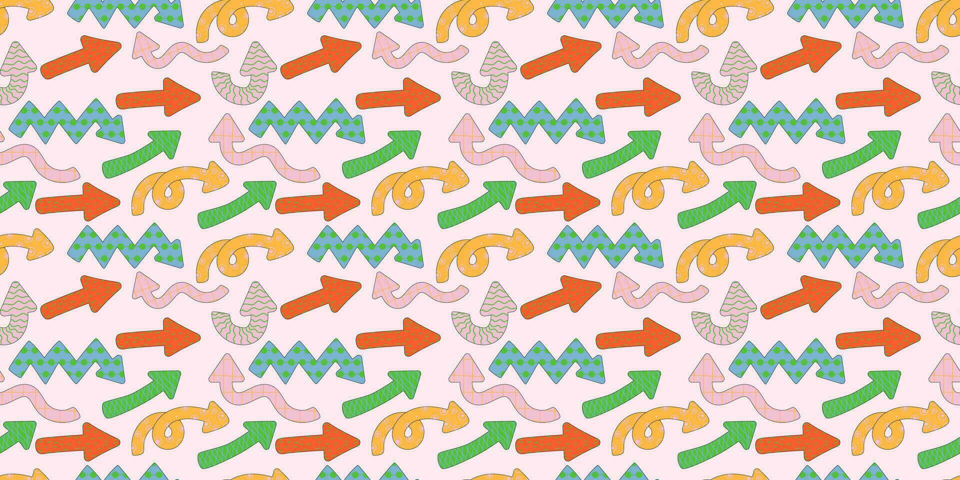 Direction indicators seamless pattern. Naive playful arrow pointers with vector texture in trendy retro style. Y2k aesthetic. Dynamic arrow signs for design