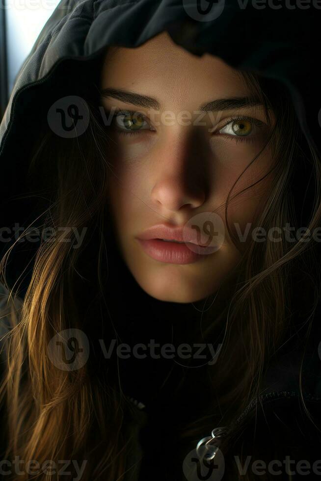a woman in a black hooded jacket looking at the camera generative ai photo