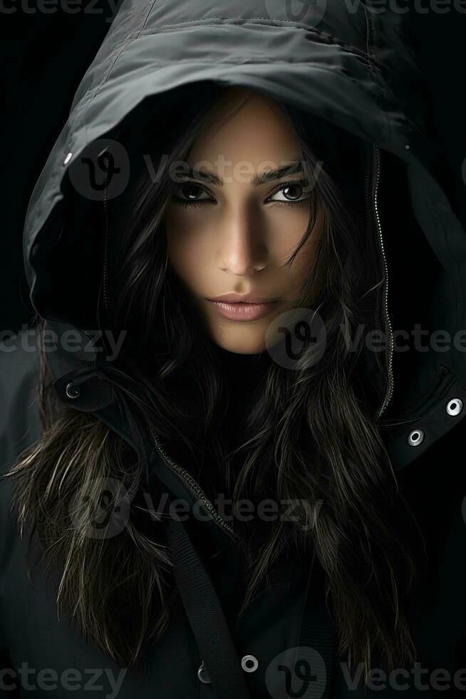 a woman in a black hooded jacket generative ai photo