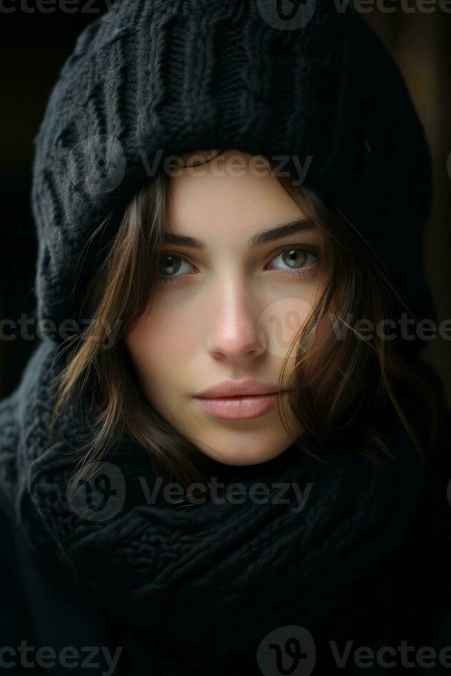 a woman in a black hat and scarf generative ai photo