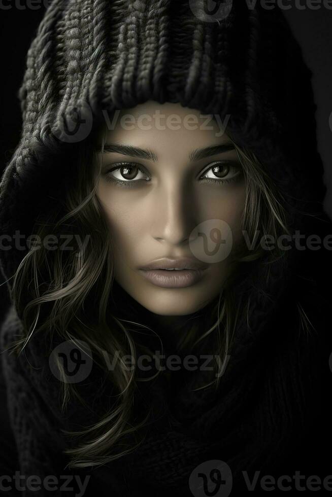 a woman in a black hoodie and scarf generative ai photo