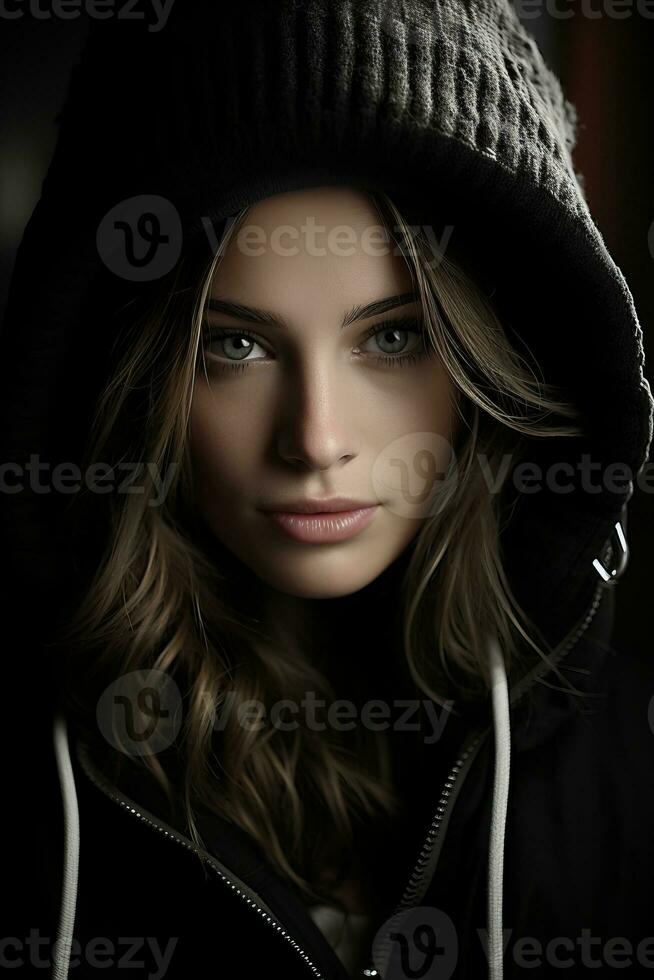 a woman in a black hoodie is looking into the camera generative ai photo