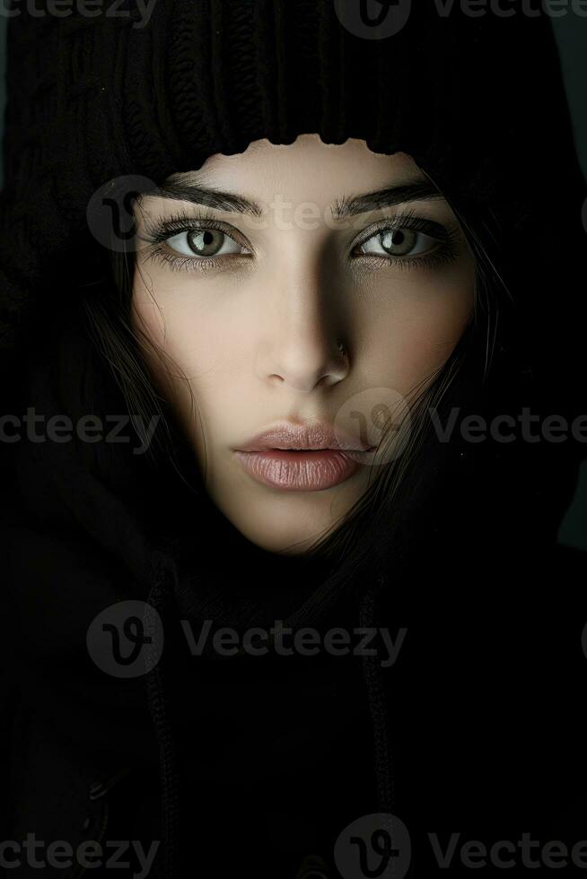 a woman in a black hoodie and scarf generative ai photo