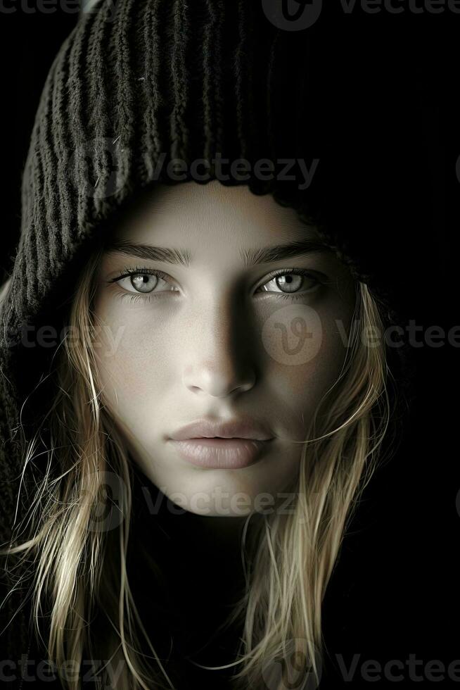 a woman in a black hoodie looking into the camera generative ai photo