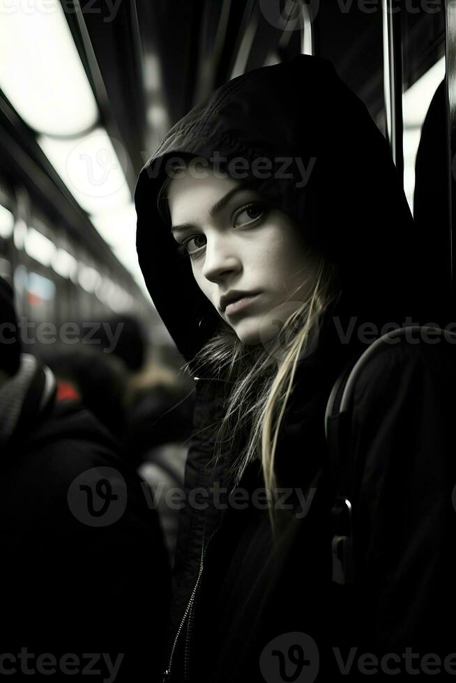 a woman in a black hoodie on a subway train generative ai photo