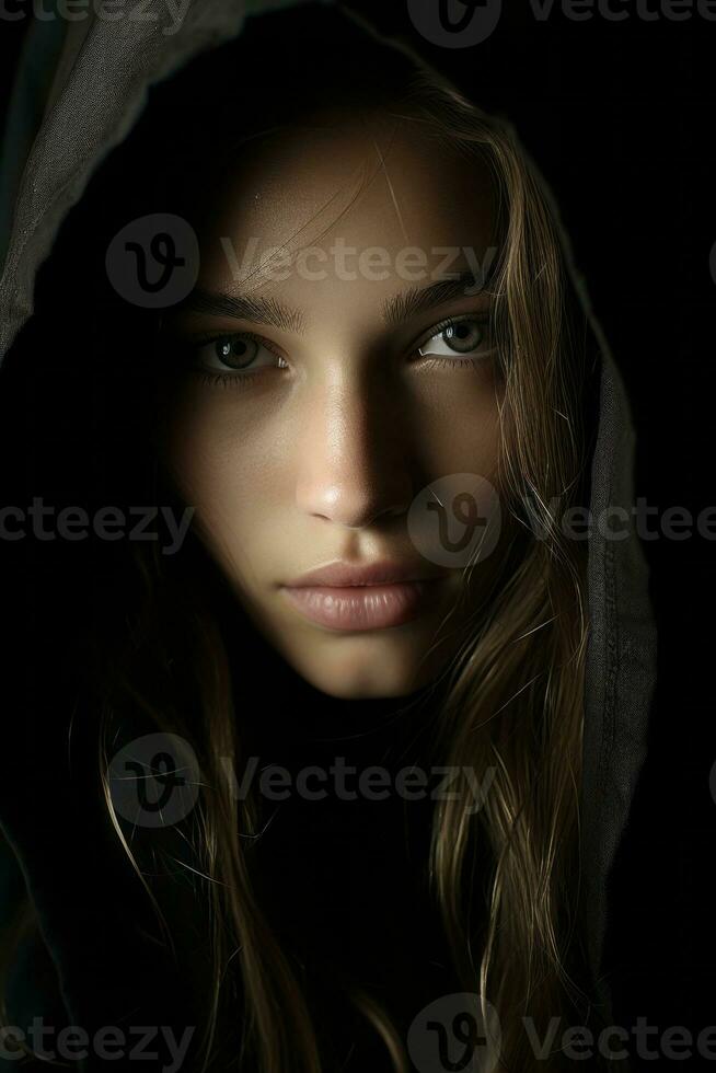 a woman in a black hoodie looking into the camera generative ai photo