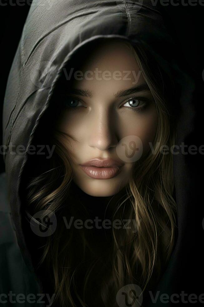 a woman in a black hoodie with blue eyes generative ai photo