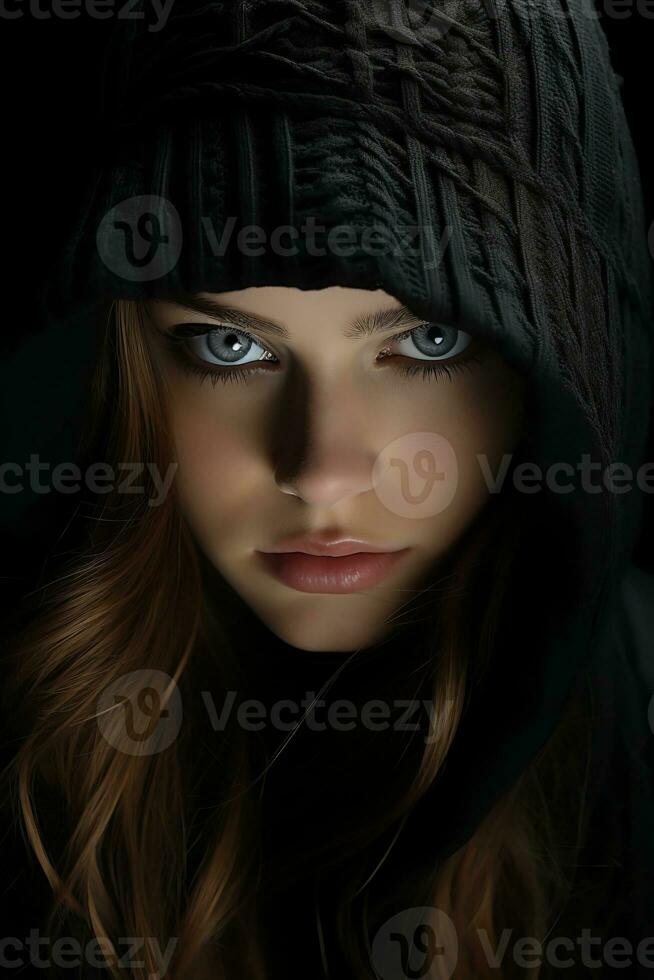 a woman in a black hoodie with blue eyes generative ai photo