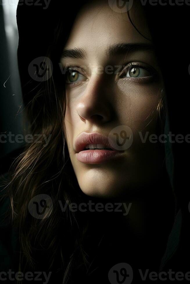 a woman in a black hoodie with green eyes generative ai photo