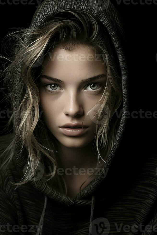 a woman in a black hoodie with blue eyes generative ai photo