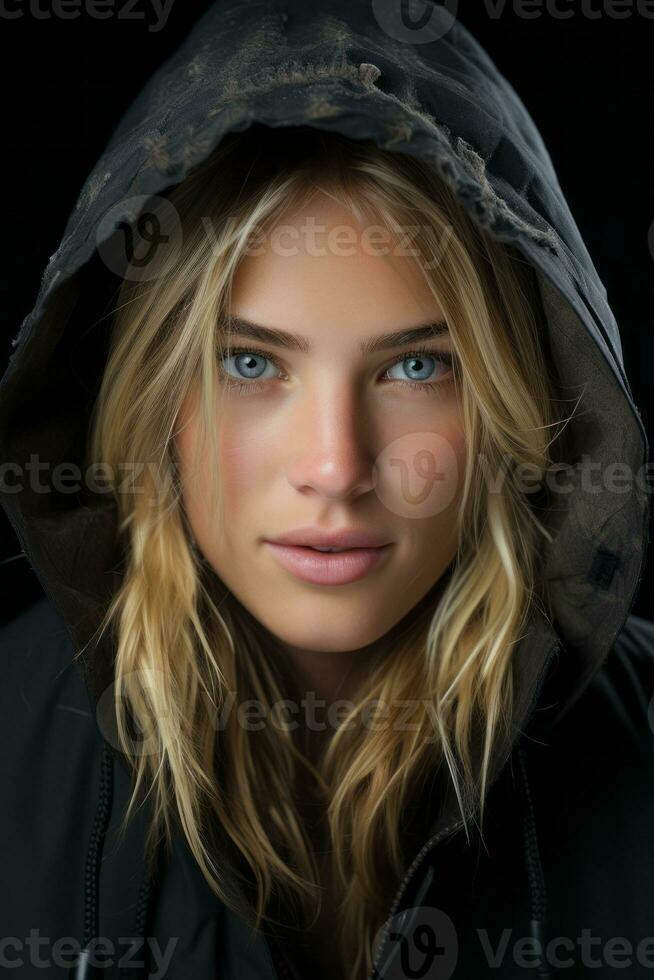 a woman in a black hoodie with blue eyes generative ai photo