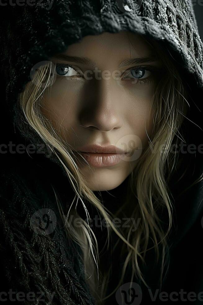 a woman in a black hoodie with her eyes closed generative ai photo