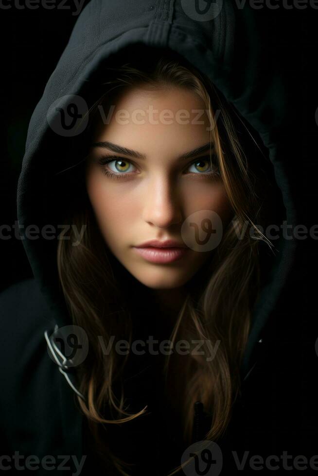 a woman in a black hoodie with green eyes generative ai photo