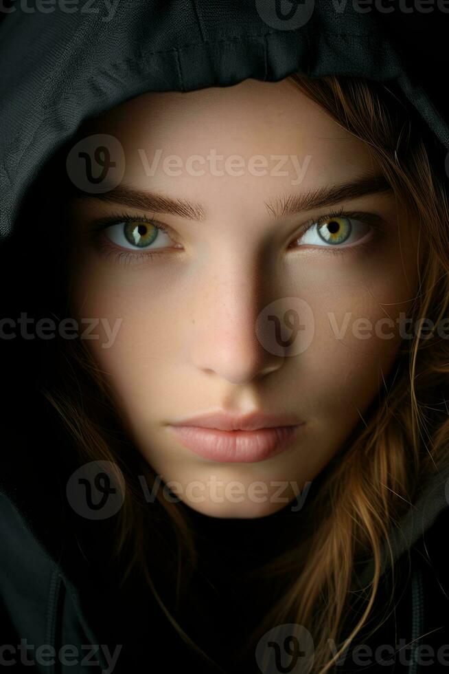 a woman in a black hoodie with green eyes generative ai photo