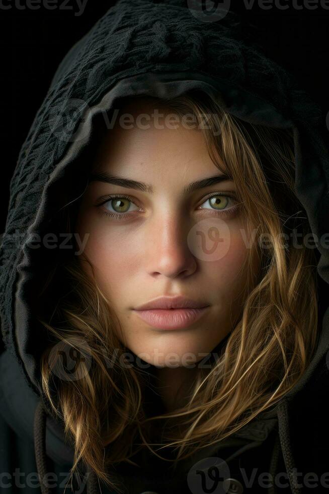 a woman in a black hoodie with green eyes generative ai photo