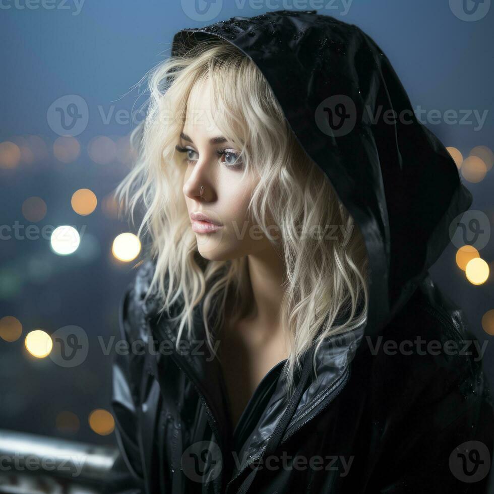a woman in a black jacket and hoodie looking off into the distance generative ai photo