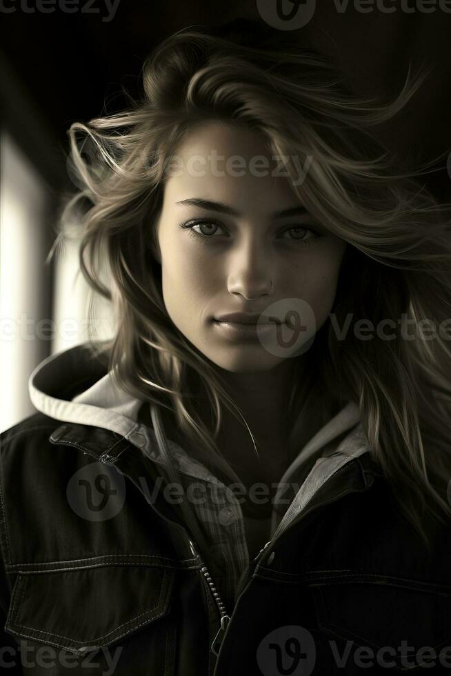 a woman in a black jacket and hoodie standing in front of a window generative ai photo