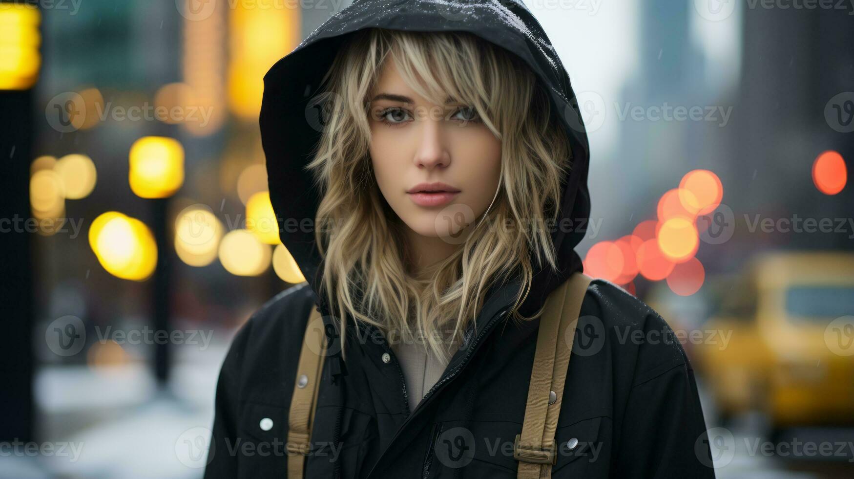 a woman in a black jacket and hoodie standing on a snowy street generative ai photo