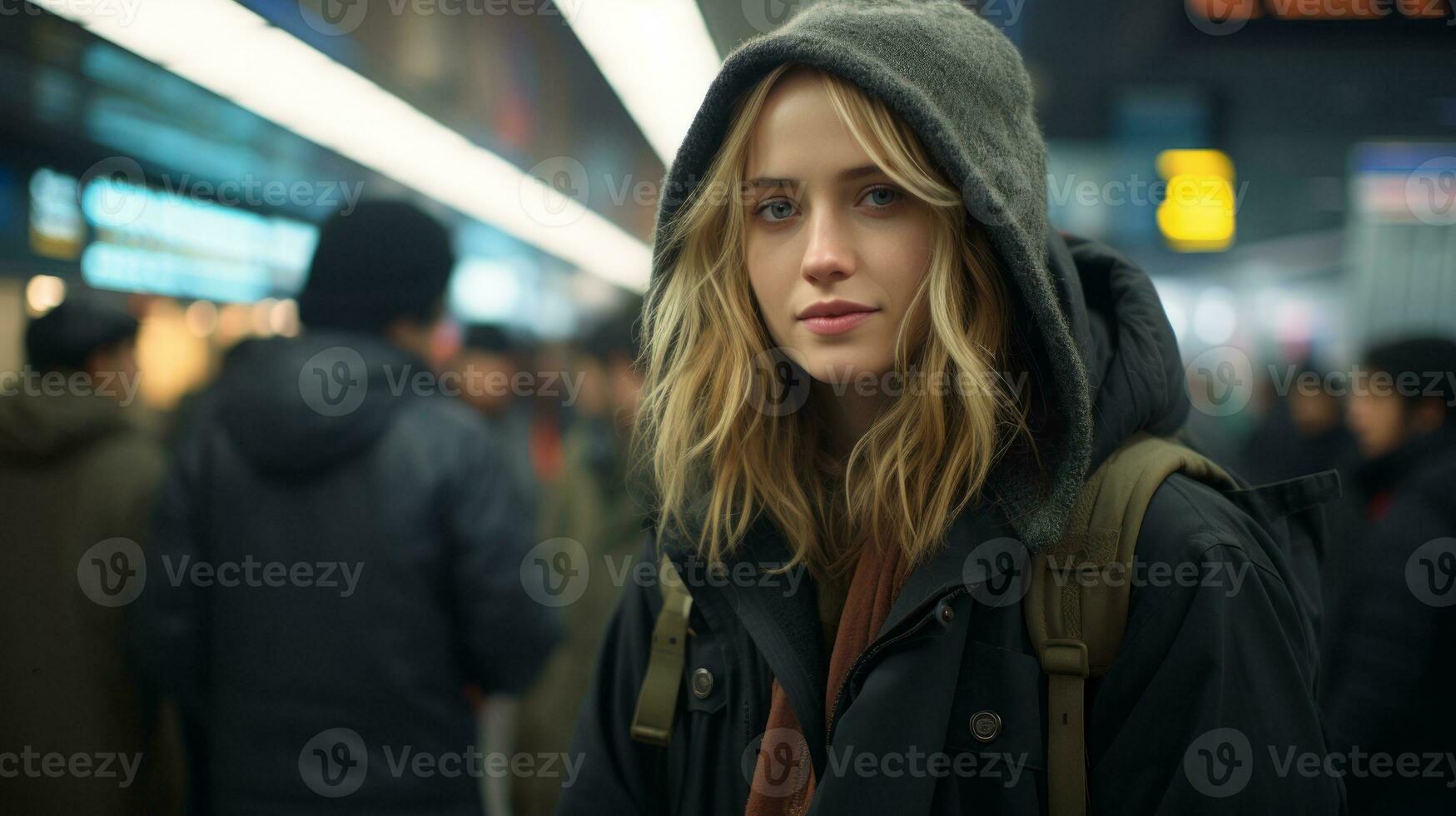 a woman in a black jacket and hoodie standing in a crowded subway generative ai photo