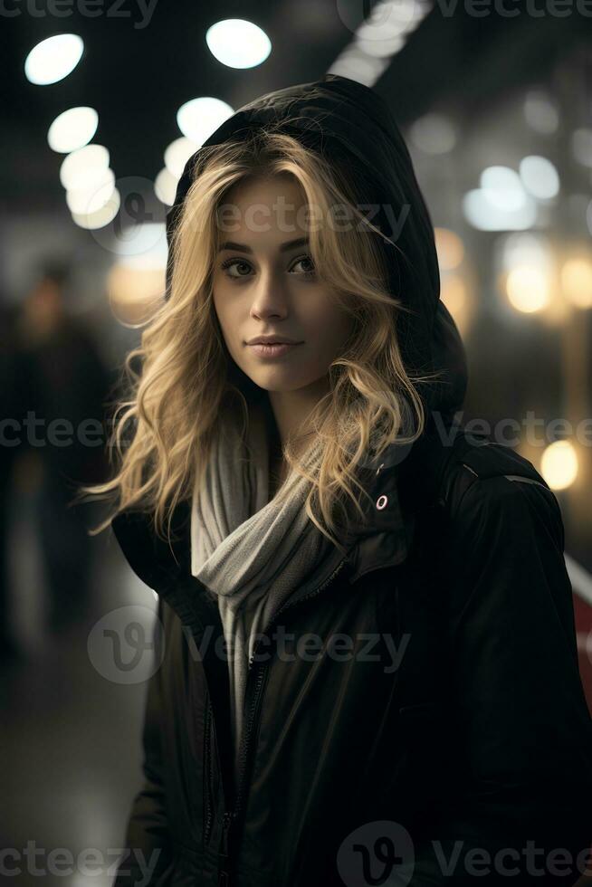 a woman in a black jacket standing in a subway station generative ai photo