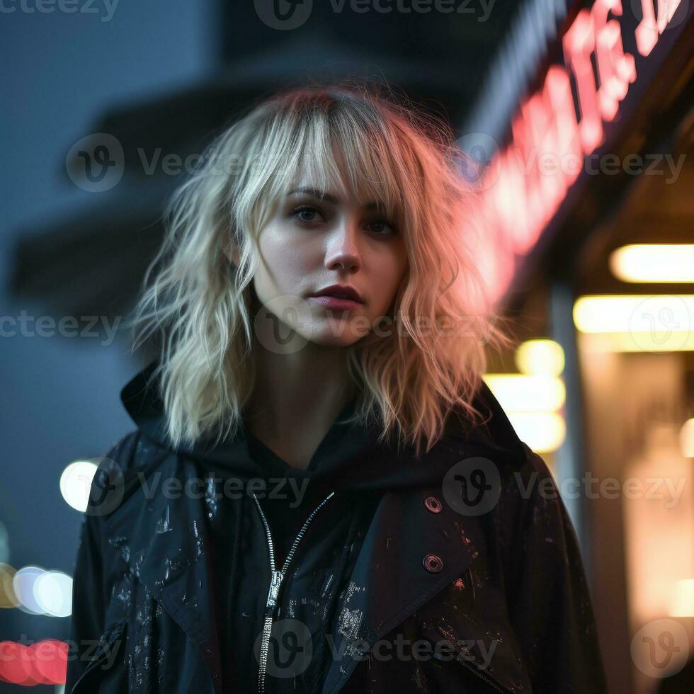 a woman in a black jacket standing in front of a neon sign generative ai photo