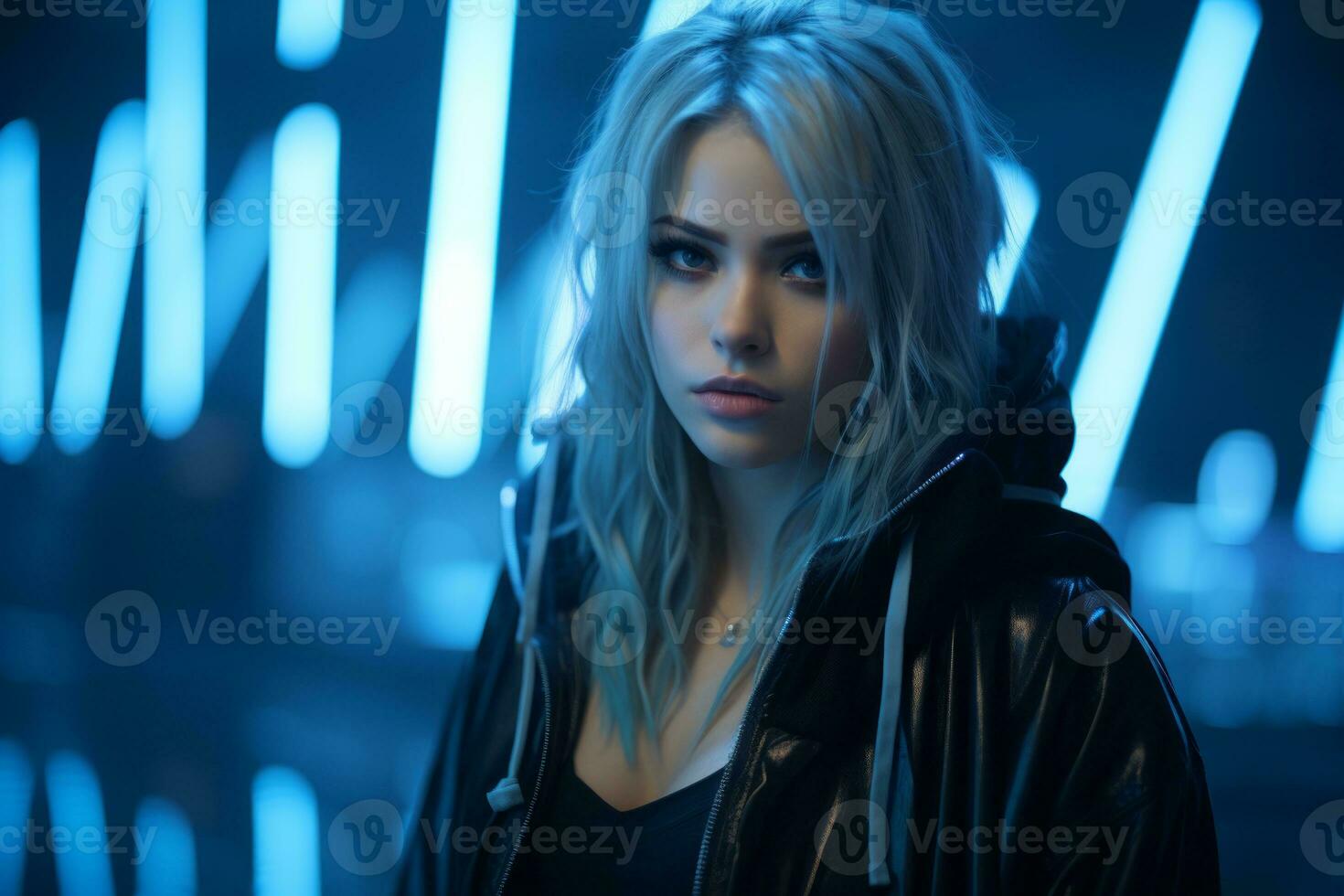 a woman in a black jacket standing in front of neon lights generative ai photo