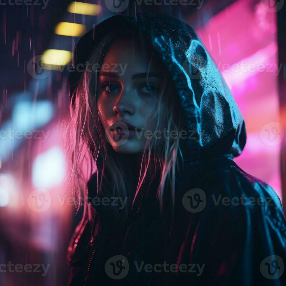 a woman in a black jacket standing in the rain generative ai photo