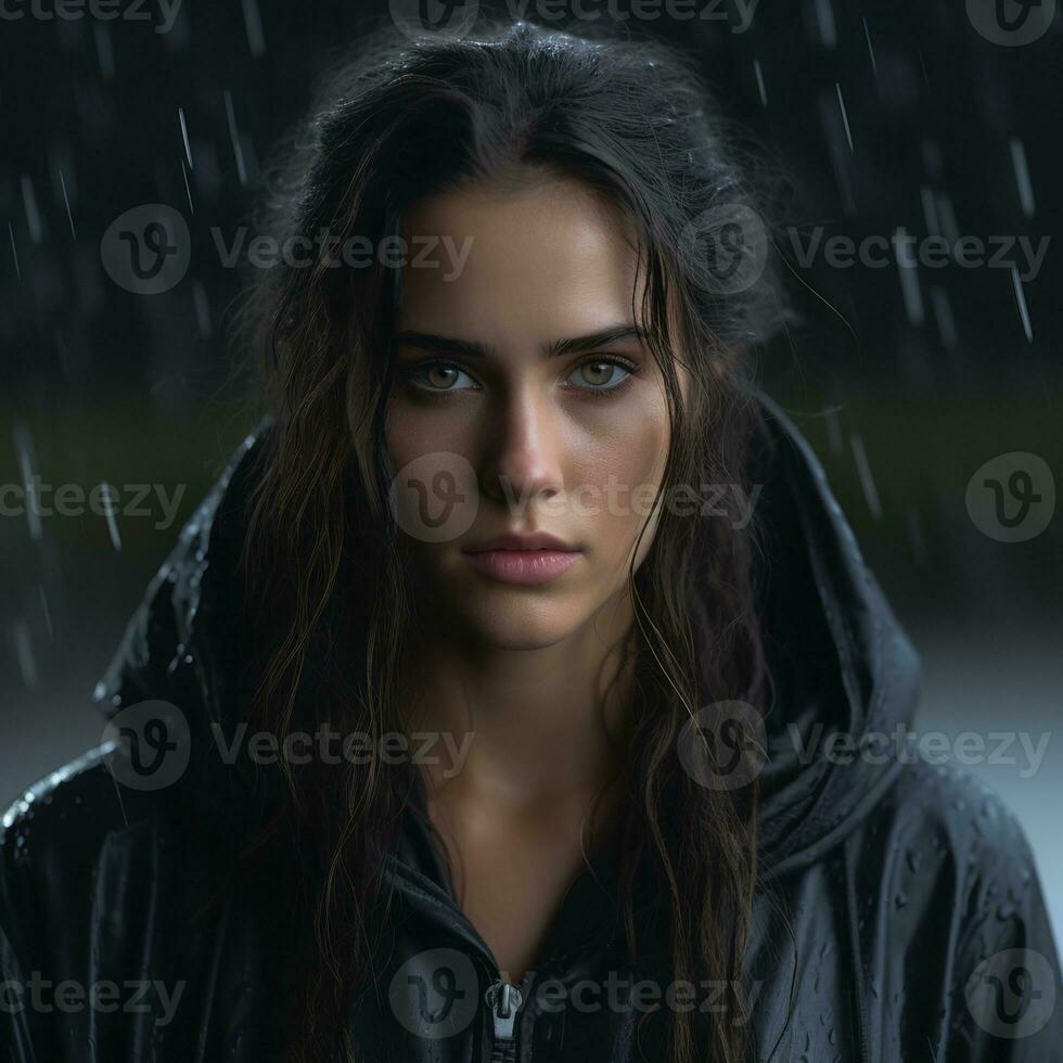 a woman in a black jacket standing in the rain generative ai photo