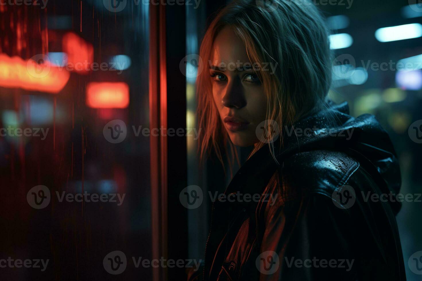 a woman in a black leather jacket standing in front of a window at night generative ai photo