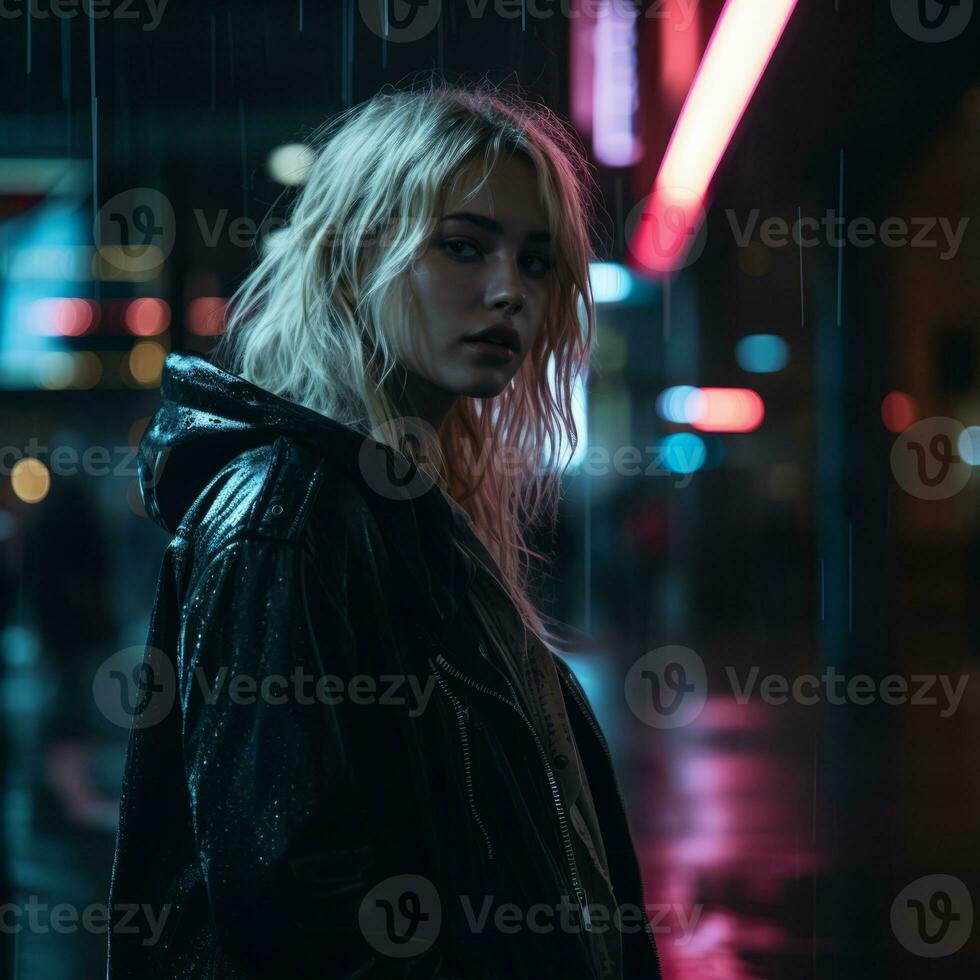a woman in a black leather jacket standing in the rain at night generative ai photo