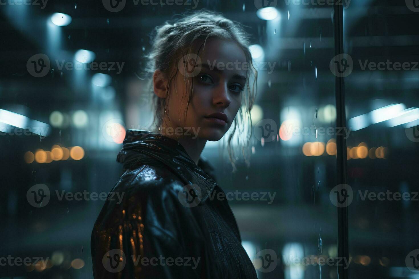 a woman in a black leather jacket standing in the rain generative ai photo