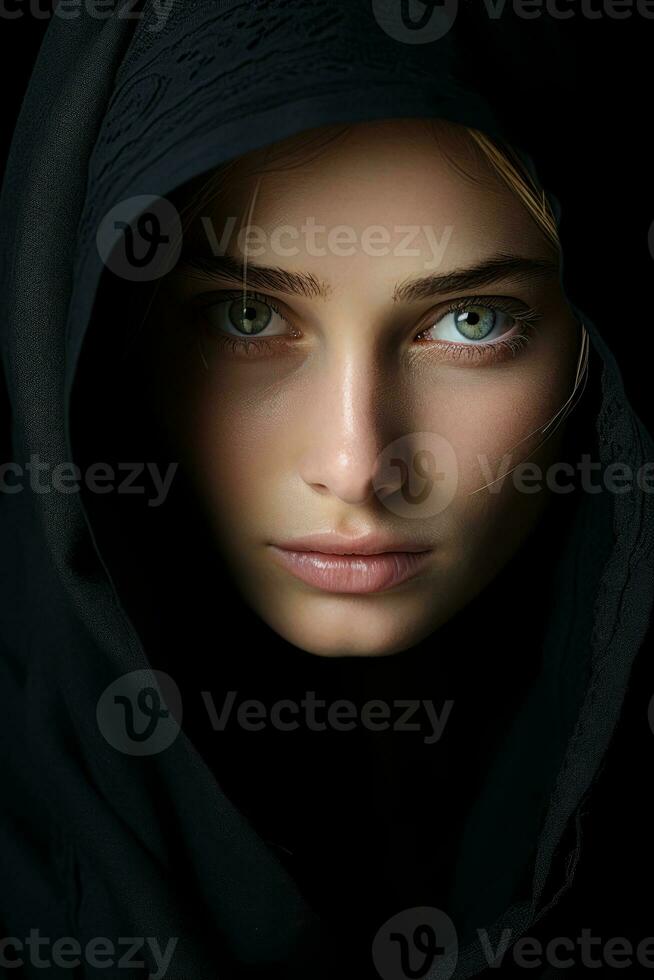 a woman in a black veil with green eyes generative ai photo