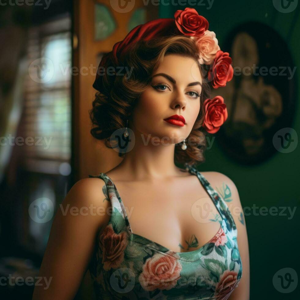 a woman in a floral dress with tattoos and roses on her head generative ai photo