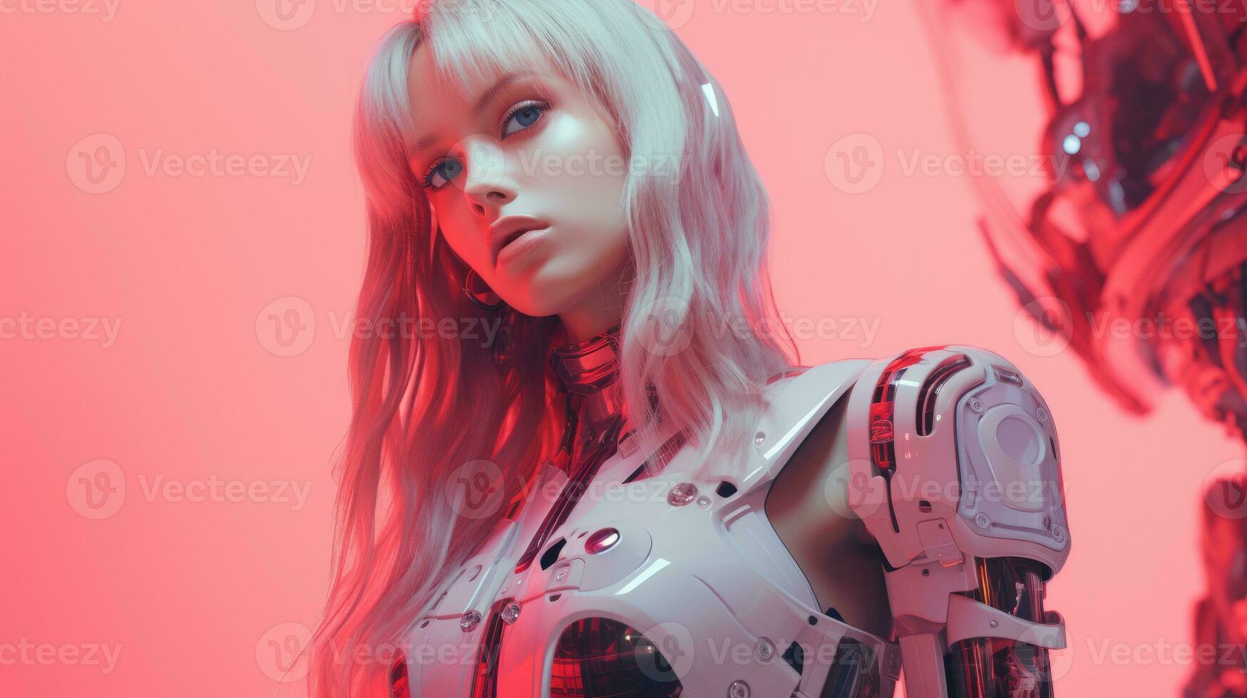 a woman in a futuristic outfit standing next to a robot generative ai photo
