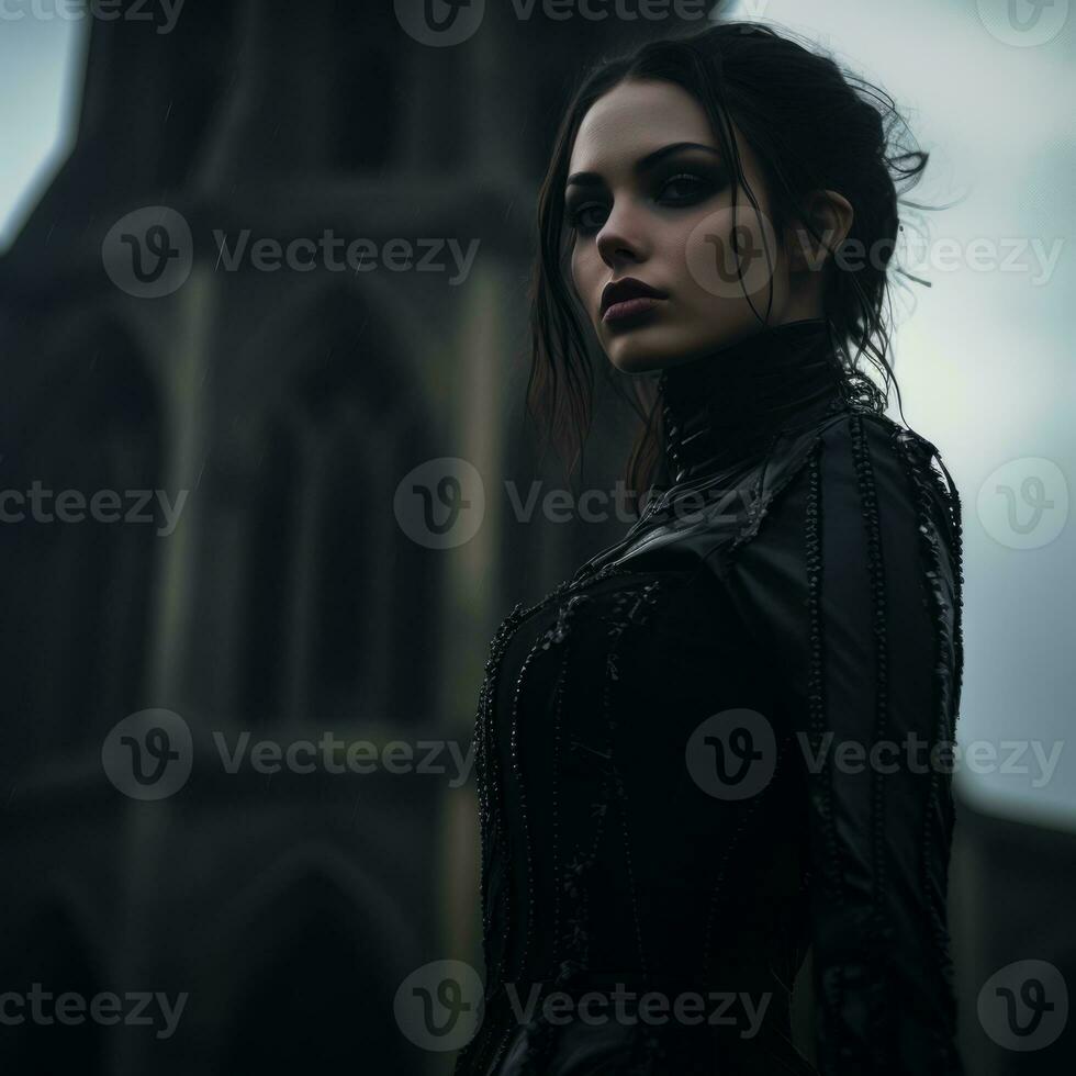 a woman in a gothic outfit standing in front of a church generative ai photo