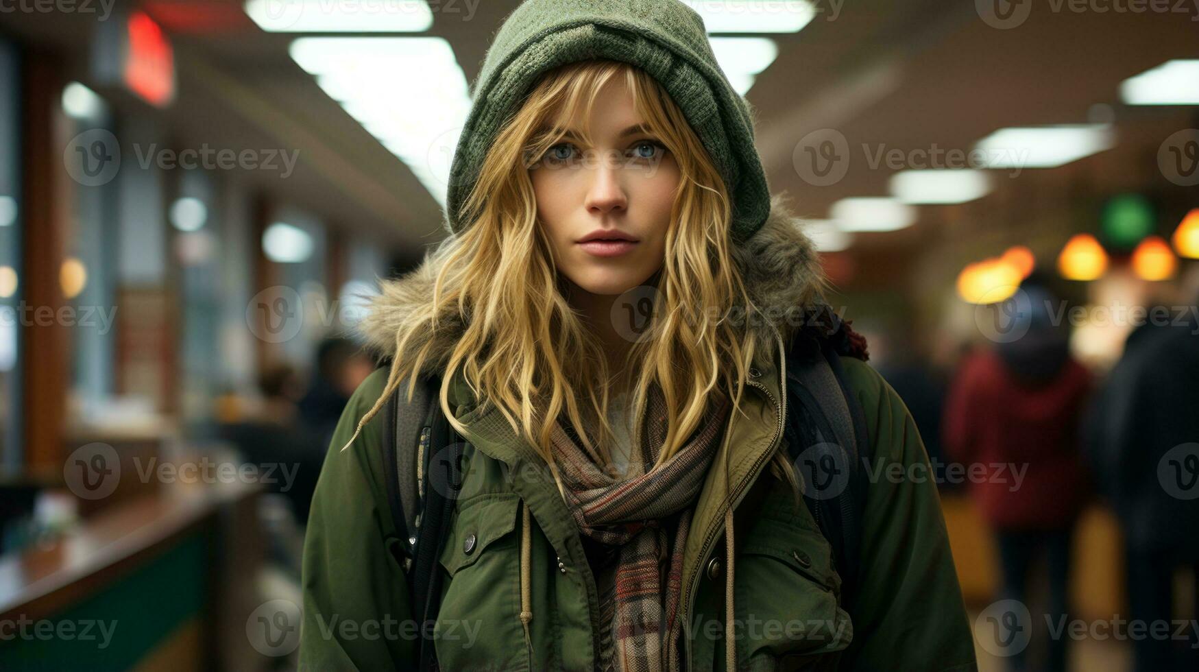 a woman in a green jacket and hat standing in a hallway generative ai photo